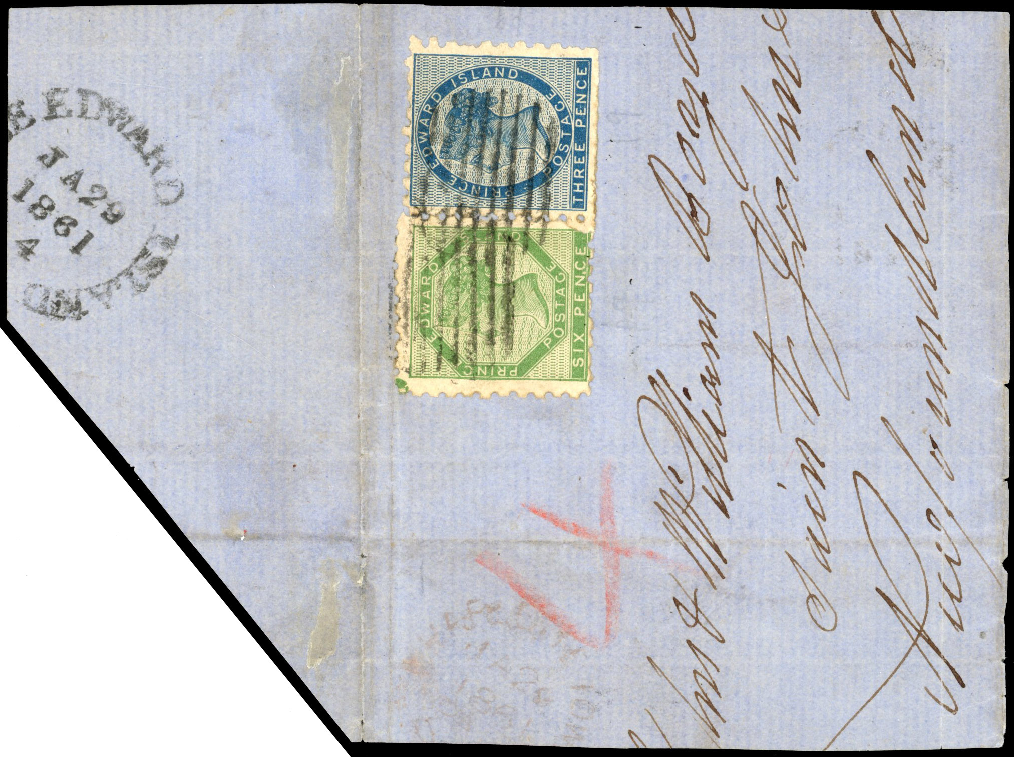 Canada PEI: 1861 large part front and upper flap with SG 3 & 4.