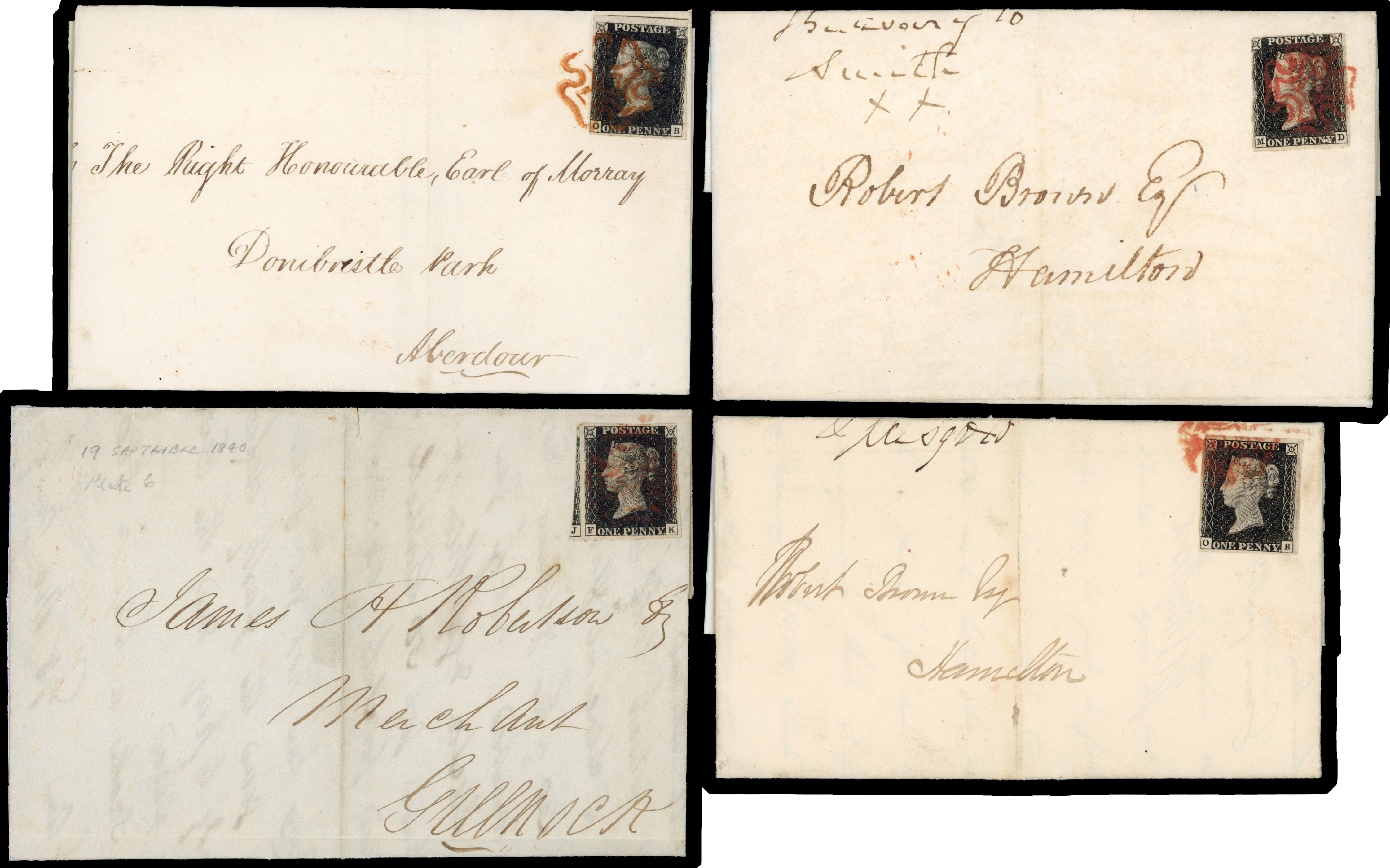 1840 a selection of 26 entires or covers bearing unplated 1d blacks, mostly good to fine with 3 to 4 margins with assorted 