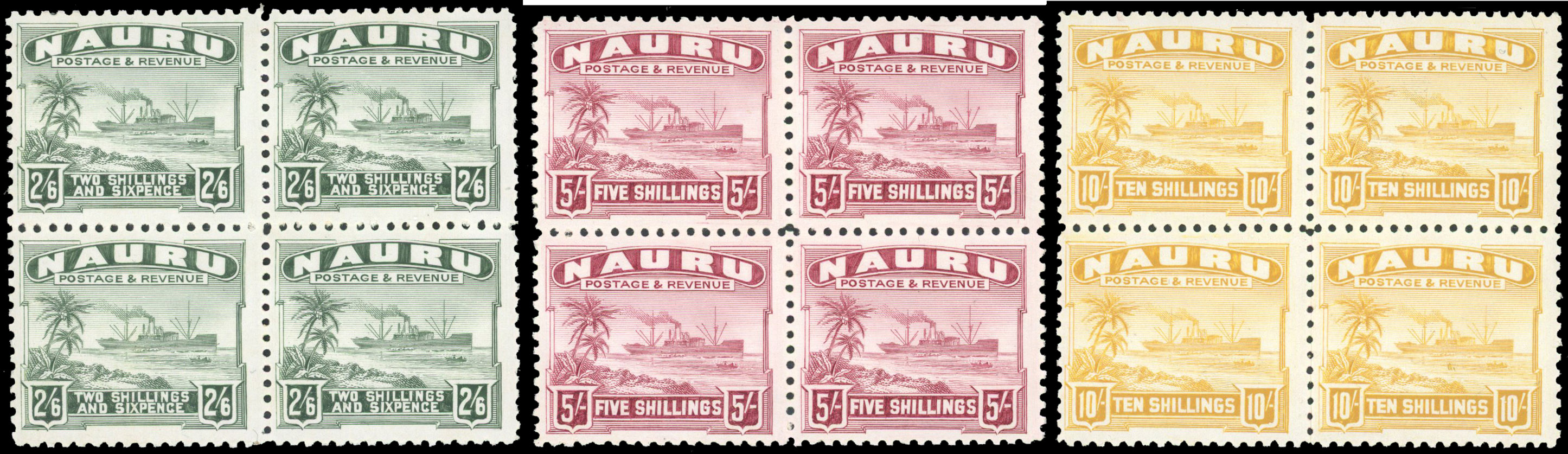 Nauru SG 37B-39B 1937-48 2/6d, 5/-, 10/- blocks mint