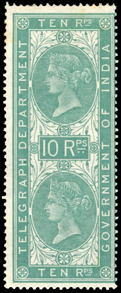 India Telegraph. 1869-78 10r dull blue-green (Die I), mINT S.G. T13, £850 