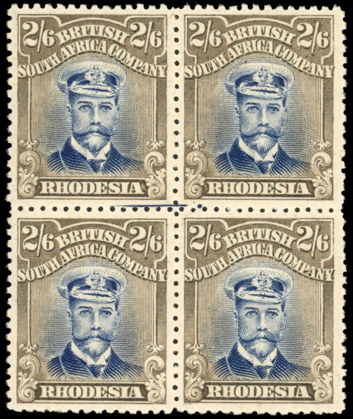 Rhodesia 2/6d SG 303 block with full printer's mark mint