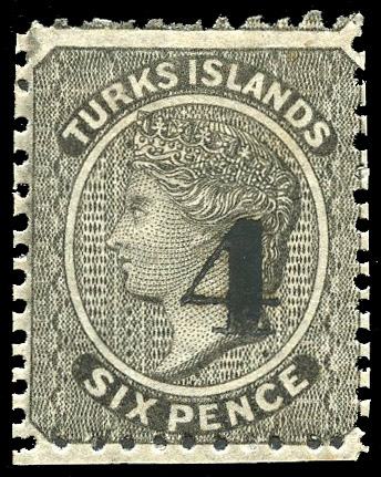 Turks Island 1881 '4' on 6d black type 30 surcharge