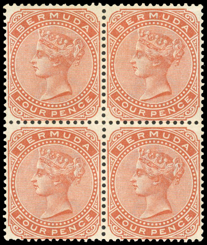 BERMUDA: 1904 4d orange-brown block of 4 with watermark reversed, light crease affecting top pair. A rare multiple as only 3