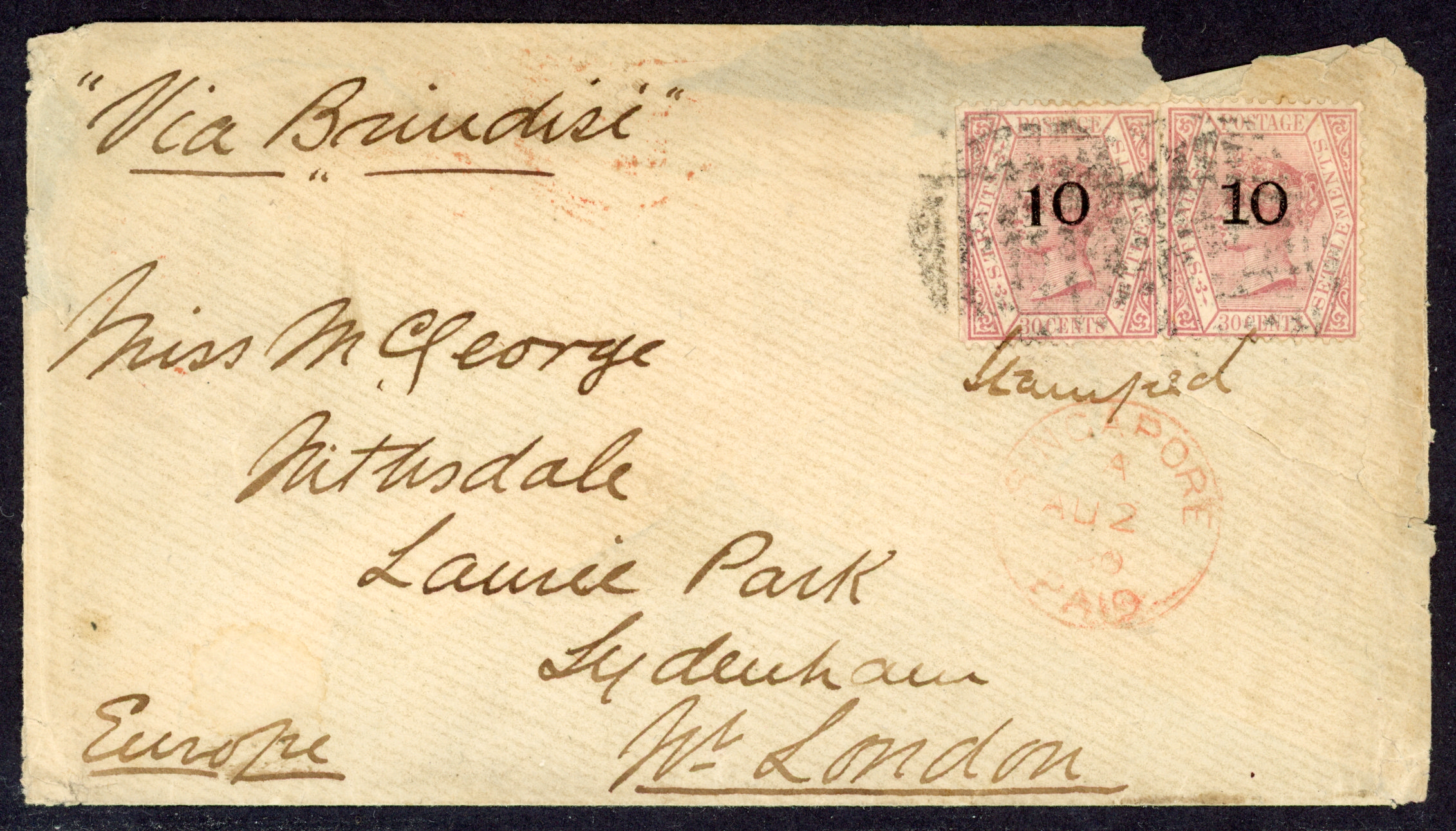 Straits Settlements SG 34, 35 1880 cover from Singapore to London with 10 on 30c x2