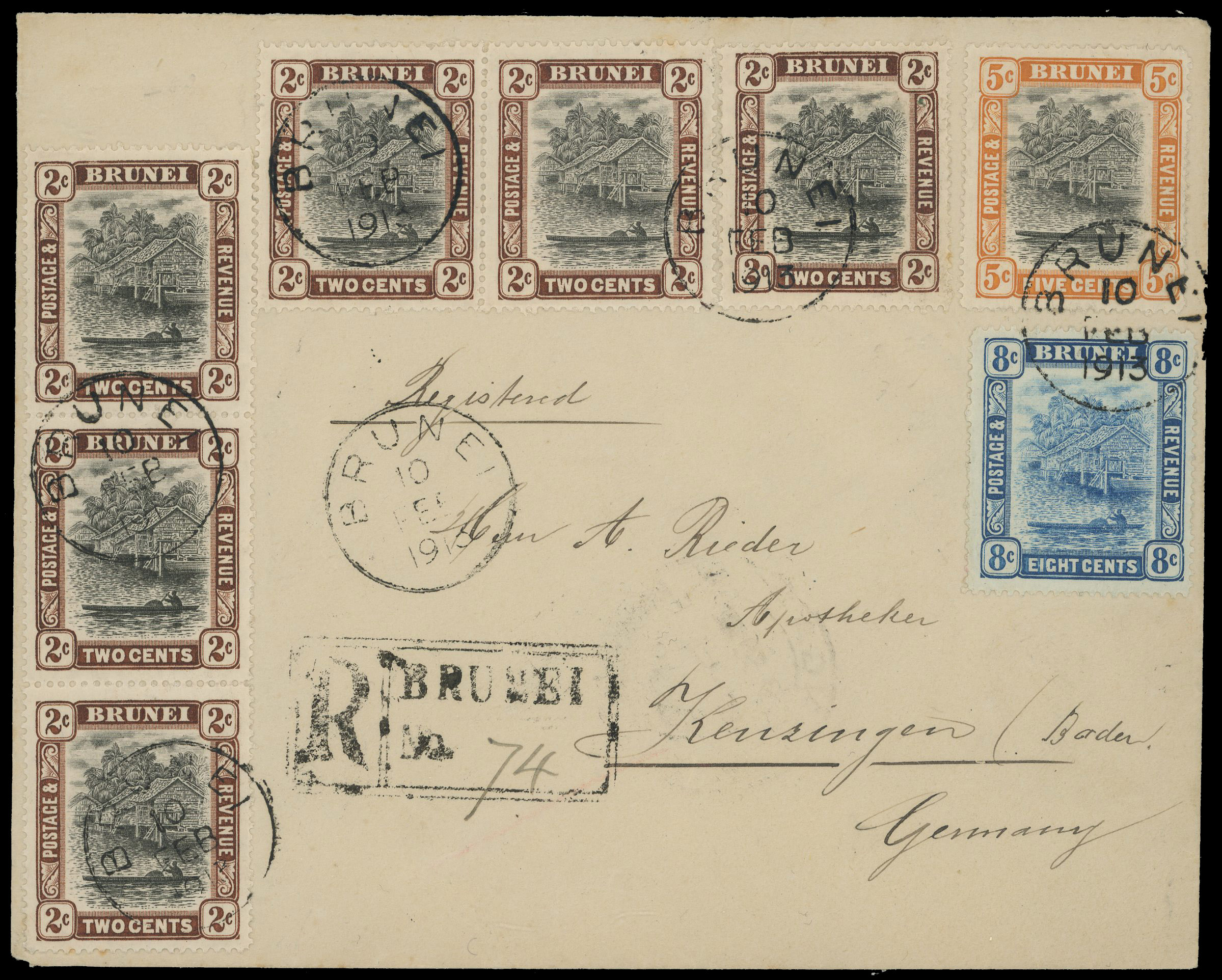 Brunei 1913 registered cover to Germany
