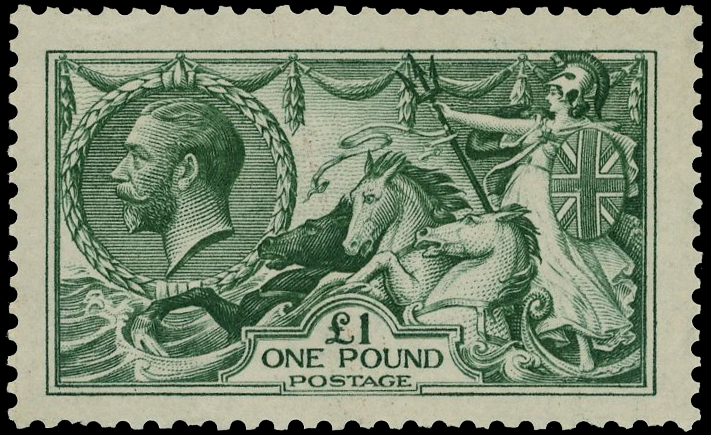 GB: 1913 £1 dull blue-green Seahorse, one shortish perf lower left otherwise fine o.g. SG 404 