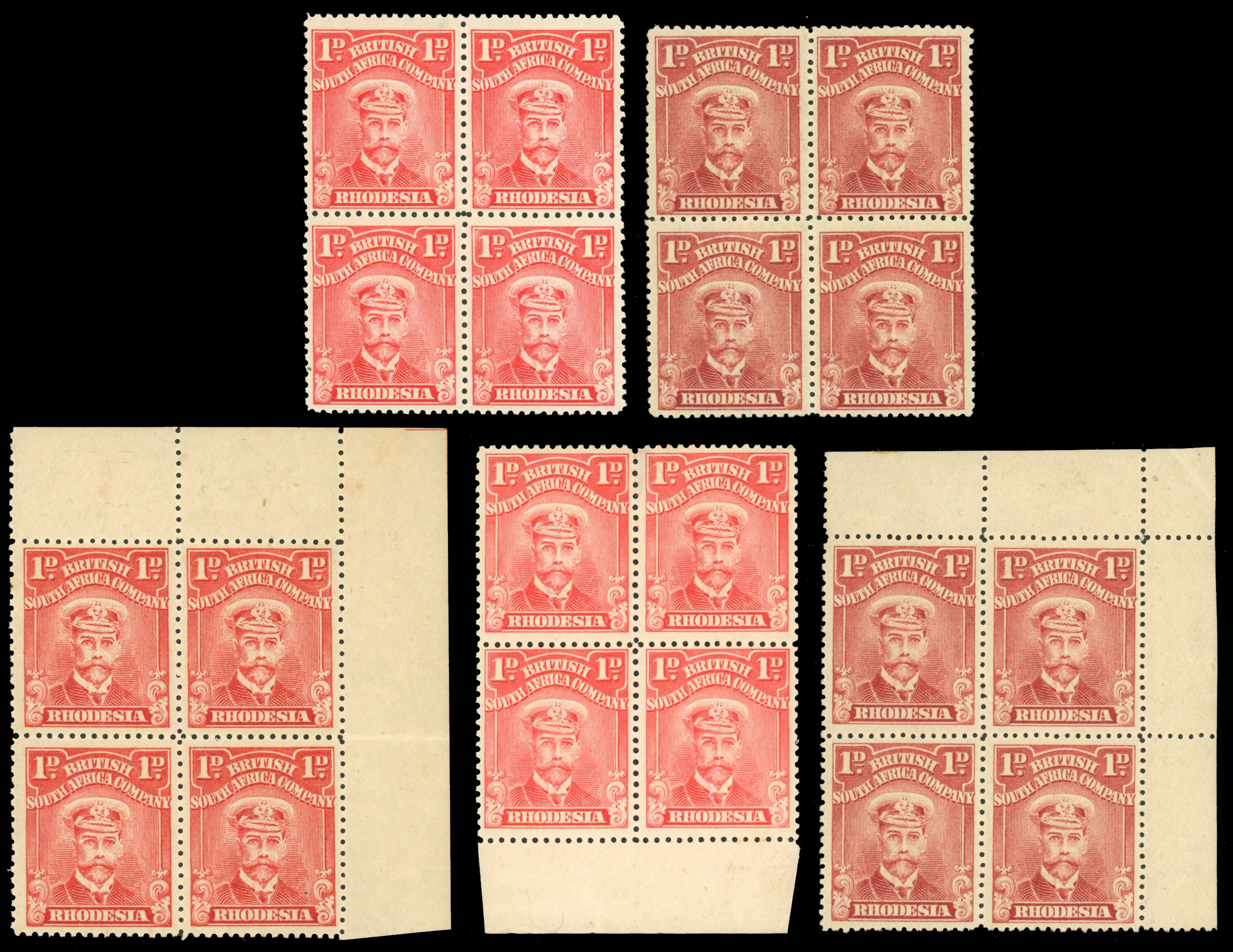 Rhodesia Admirals 1d blocks group mint