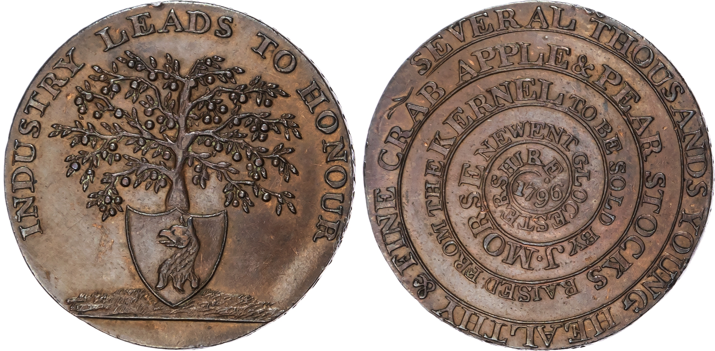 Glos. Newent, John Morse, (Nurseryman) Halfpenny 1796, Morse (?) arms at base of an apple tree, rev. Spiral le…