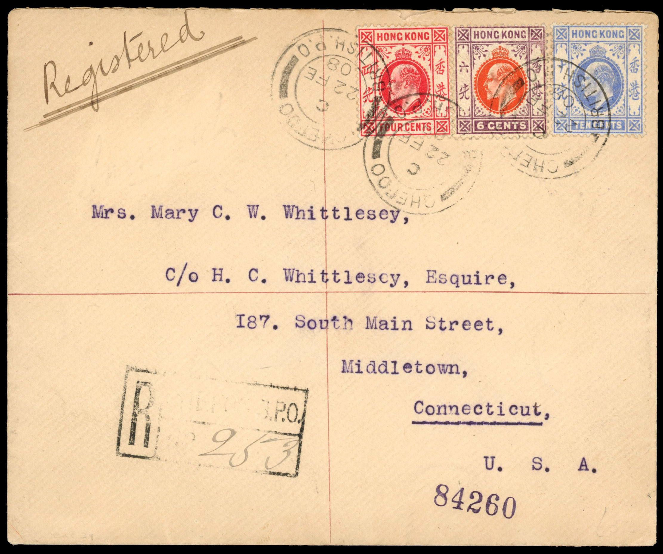 Hong Kong TREATY PORTS 1908  cover to USA from Chefoo