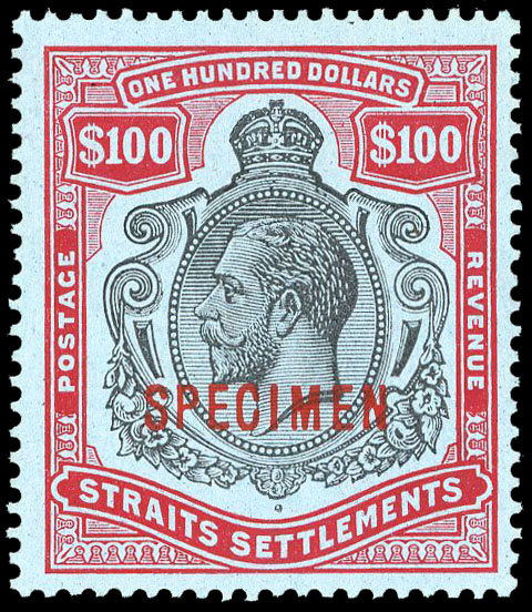 Straits Settlements 1912 SG214s Specimen $100 black and carmine on blue paper