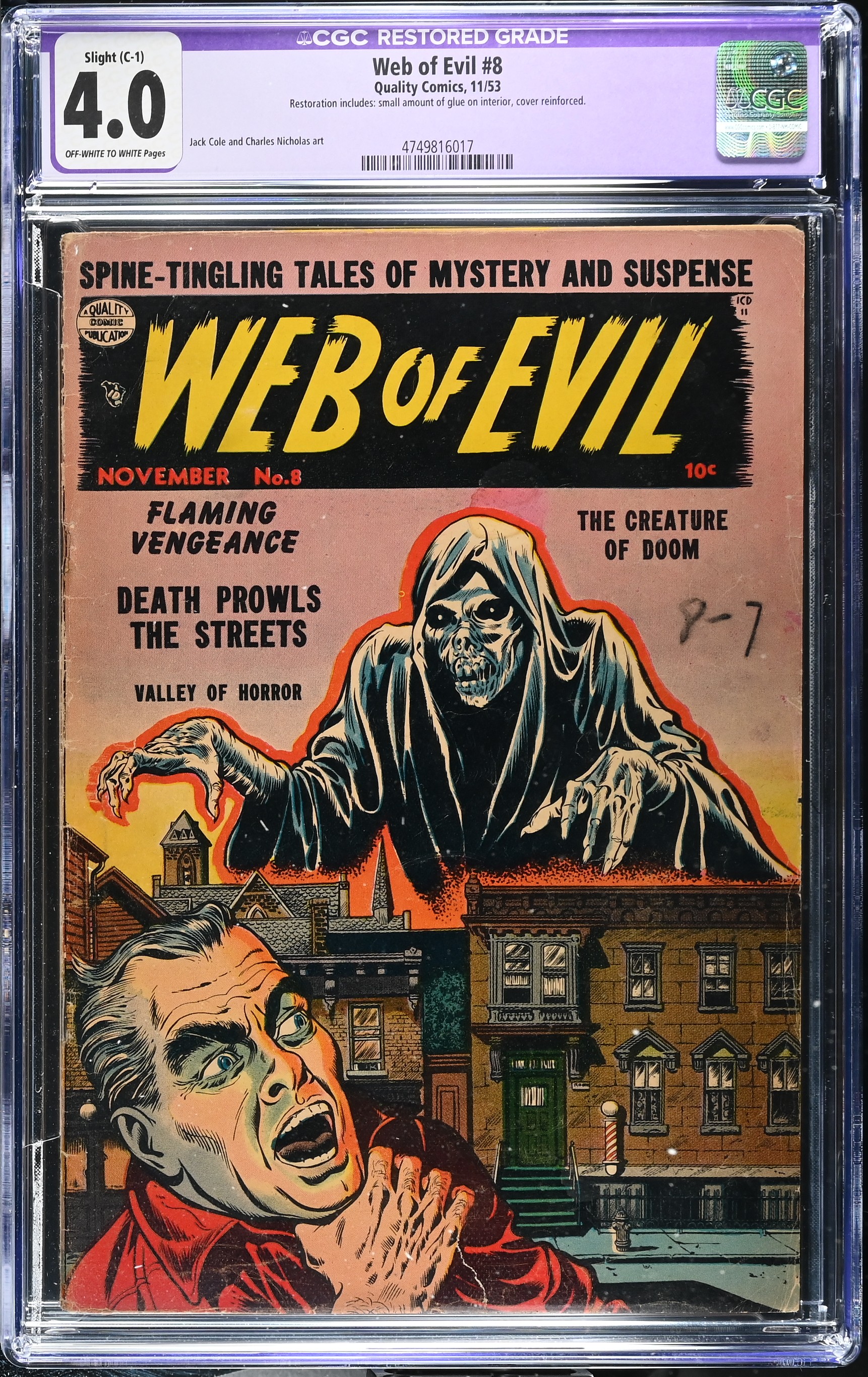 Web of Evil #8 CGC 4.0 Restored Jack Cole and Charles Nicholas Art (Quality Comics, 1953) Off-White to White Pages