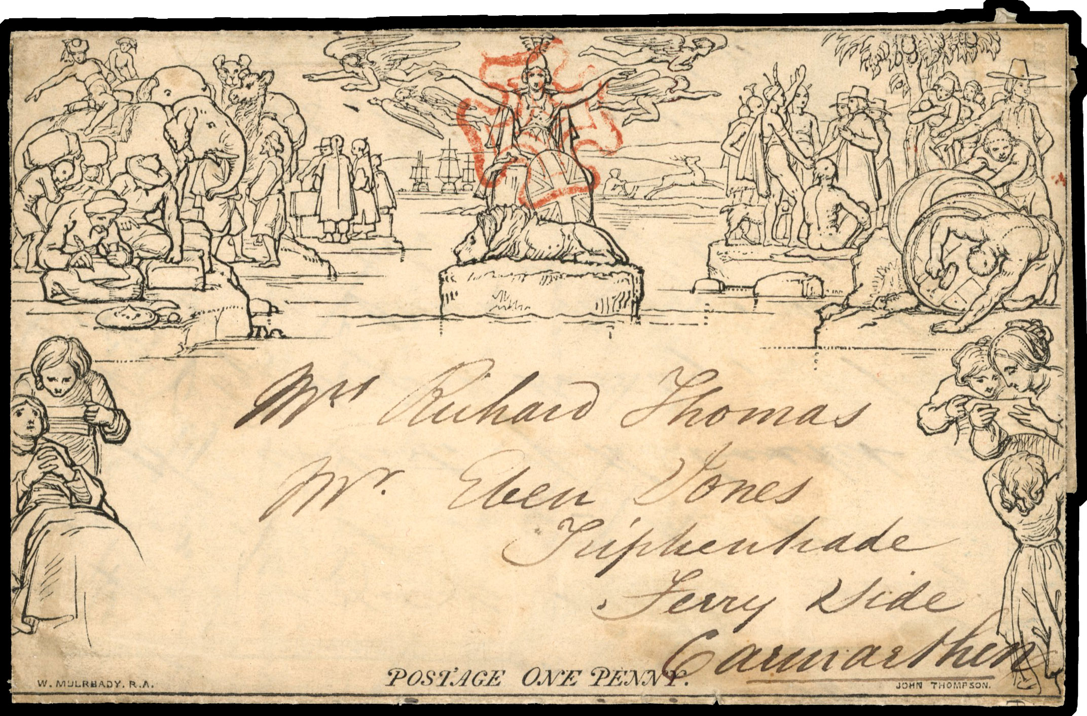 1840 (JY 27/1840) 1d Mulready lettersheet, Newport to Carmarthen, with printed advertisement for Dring and Fages Improved