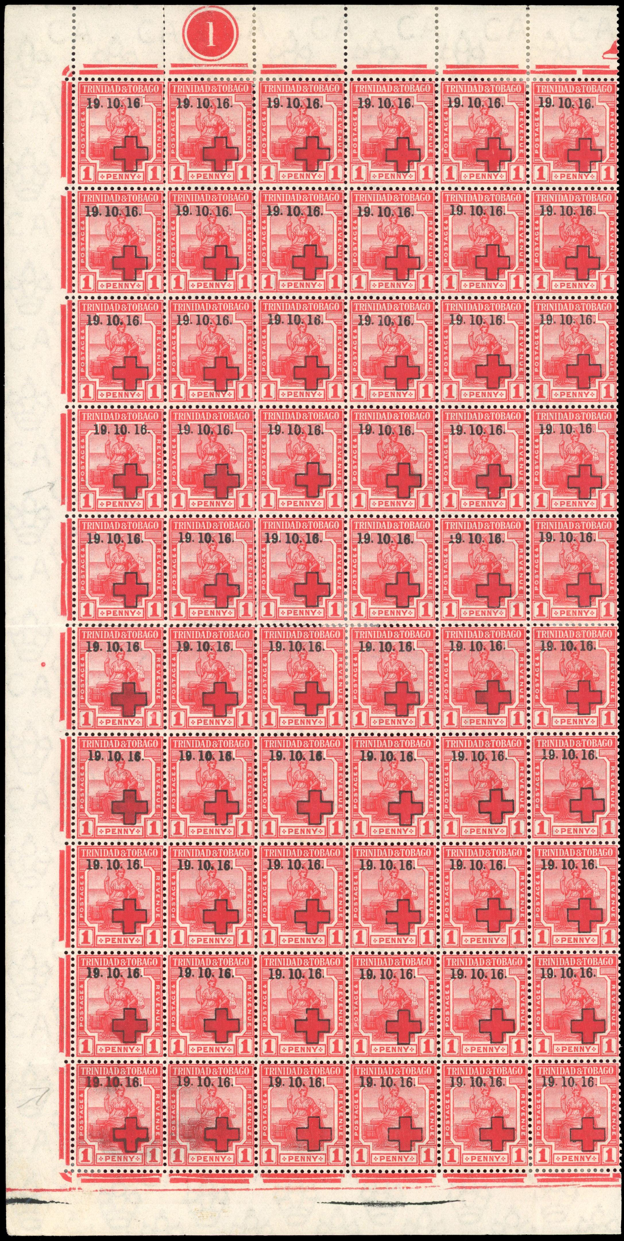 Trinidad & Tobago 1916 Red Cross 1d scarlet with date doubled in black and red, SG 175,e,var