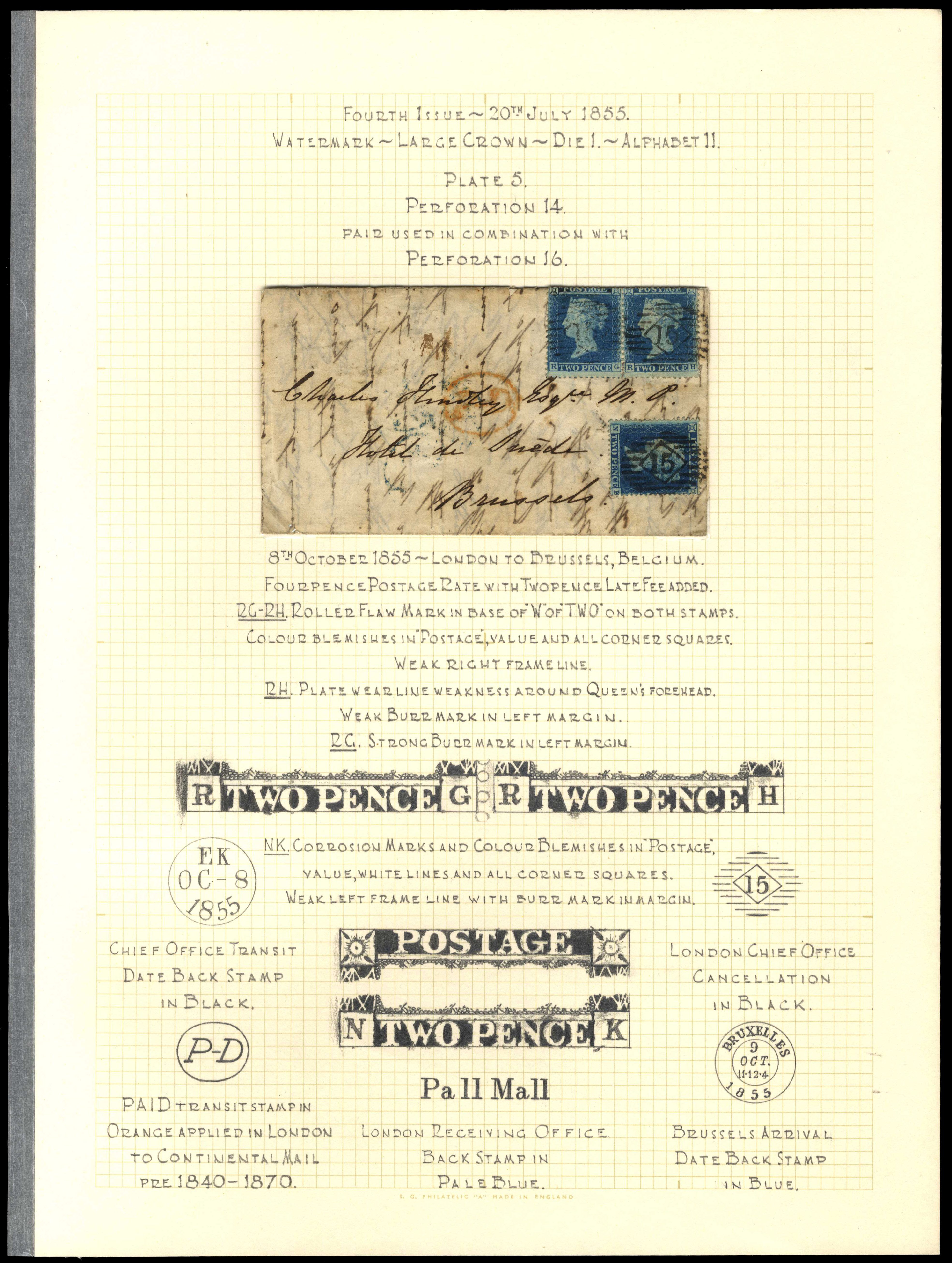 GB 1855 2d blue Plate 5 SG 34 cover to Brussels