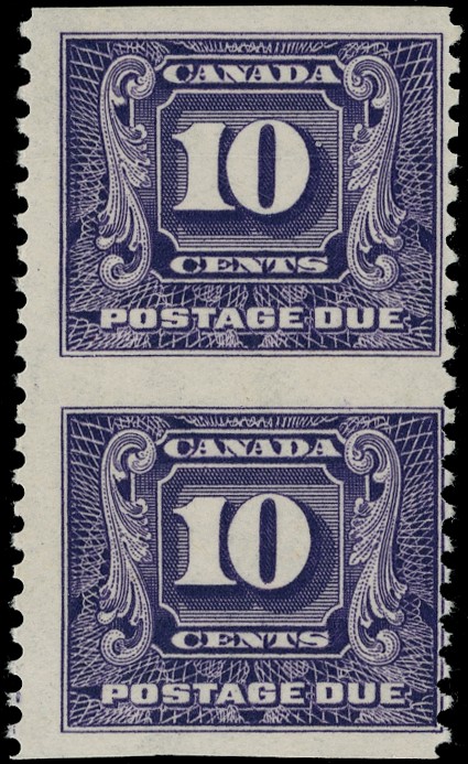 CANADA: 1932 10c bright violet postage due, vertical pair imperf x perf, fine o.g. SG D13var...