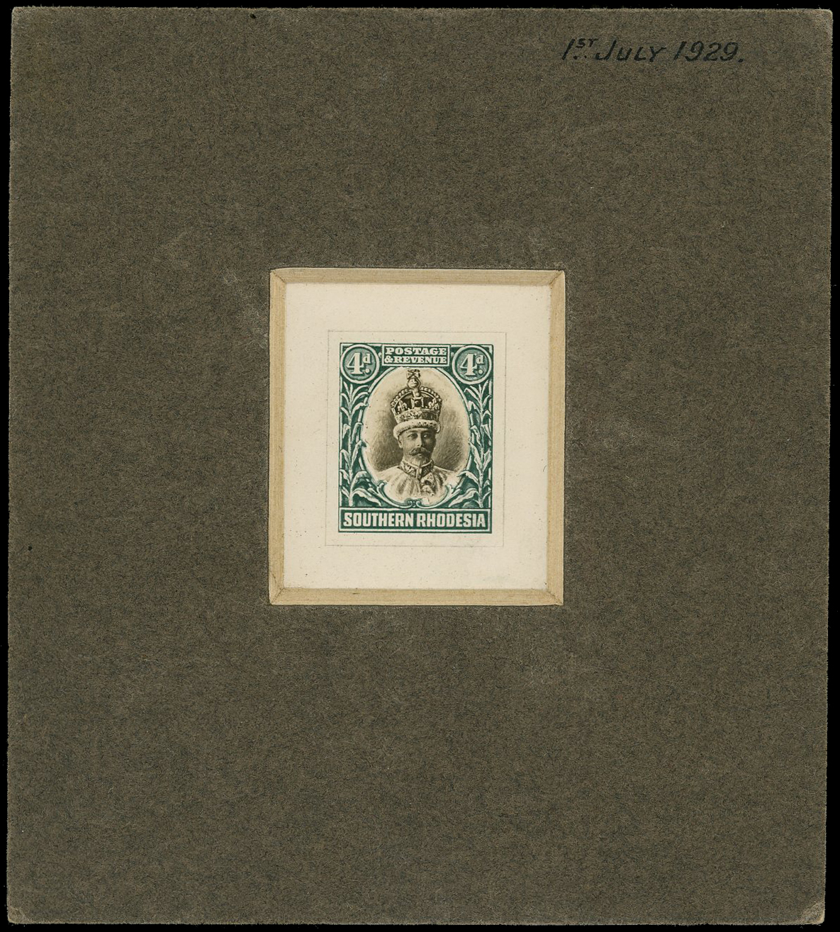 Southern Rhodesia 1929 DLR 4d essay in black and blue-green