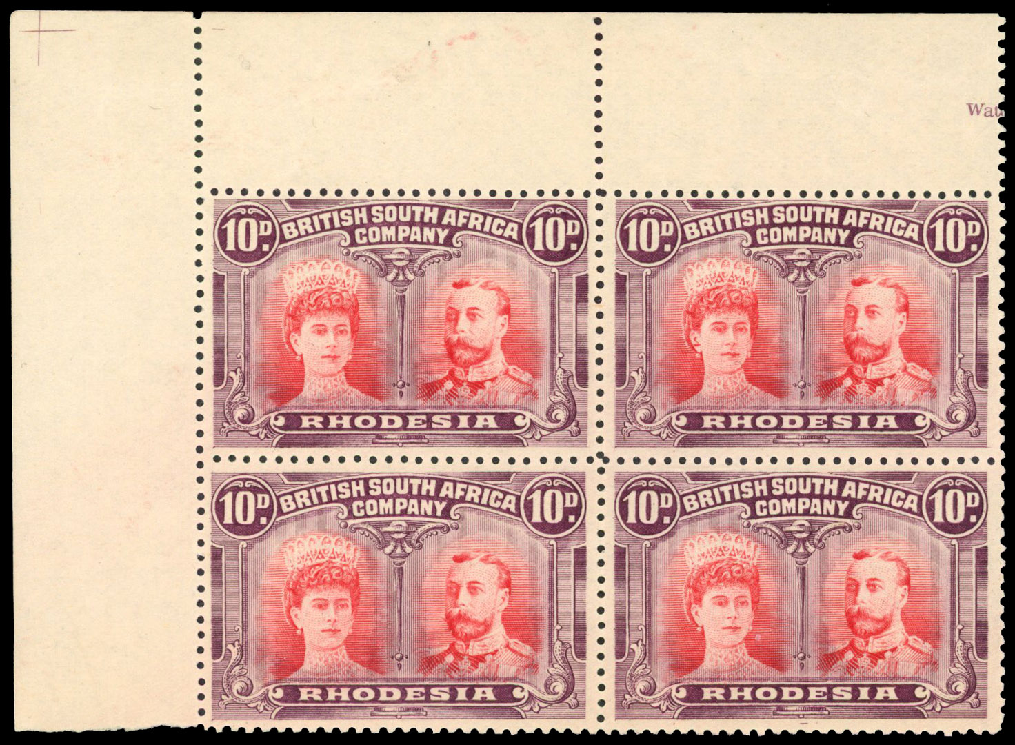 SG 149 10d scarlet and reddish mauve corner block of four, #2 Long Gash mint