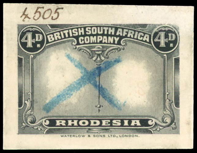 4d Die Proof of frame in black on wove paper from the printer's 'dirty' working book