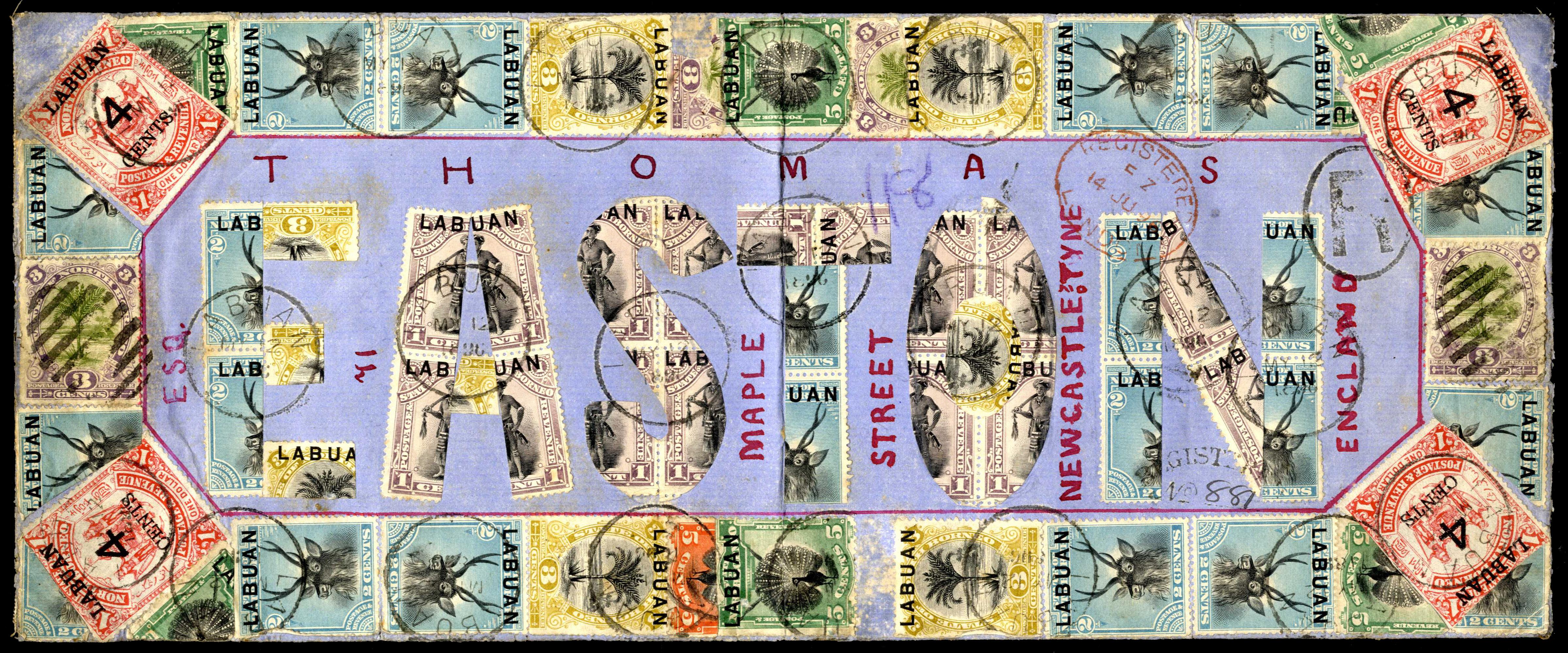 Labuan 1896 (12 May) registered long blue linen-backed envelope