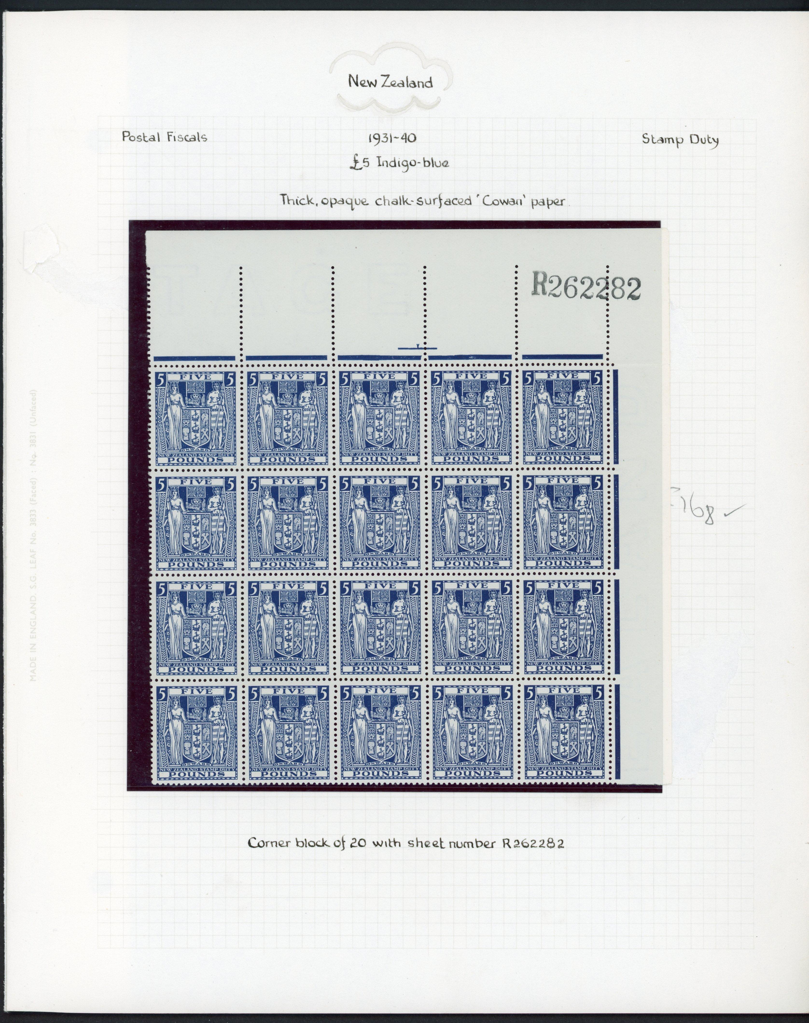 NZ SG F168 1931-40 Arms £5 block of 20 mint