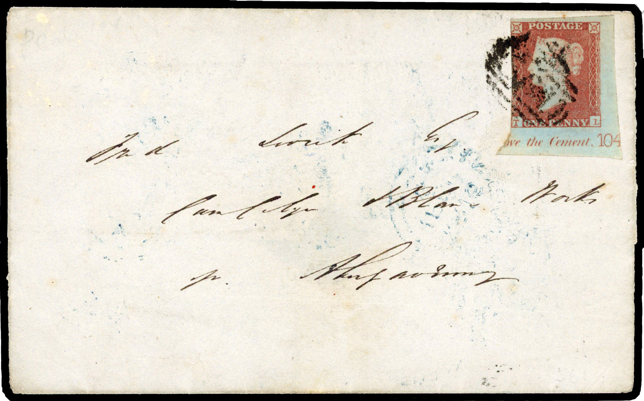 1841 1d Red-brown Pl.104. Wrapper TL corner plate number example