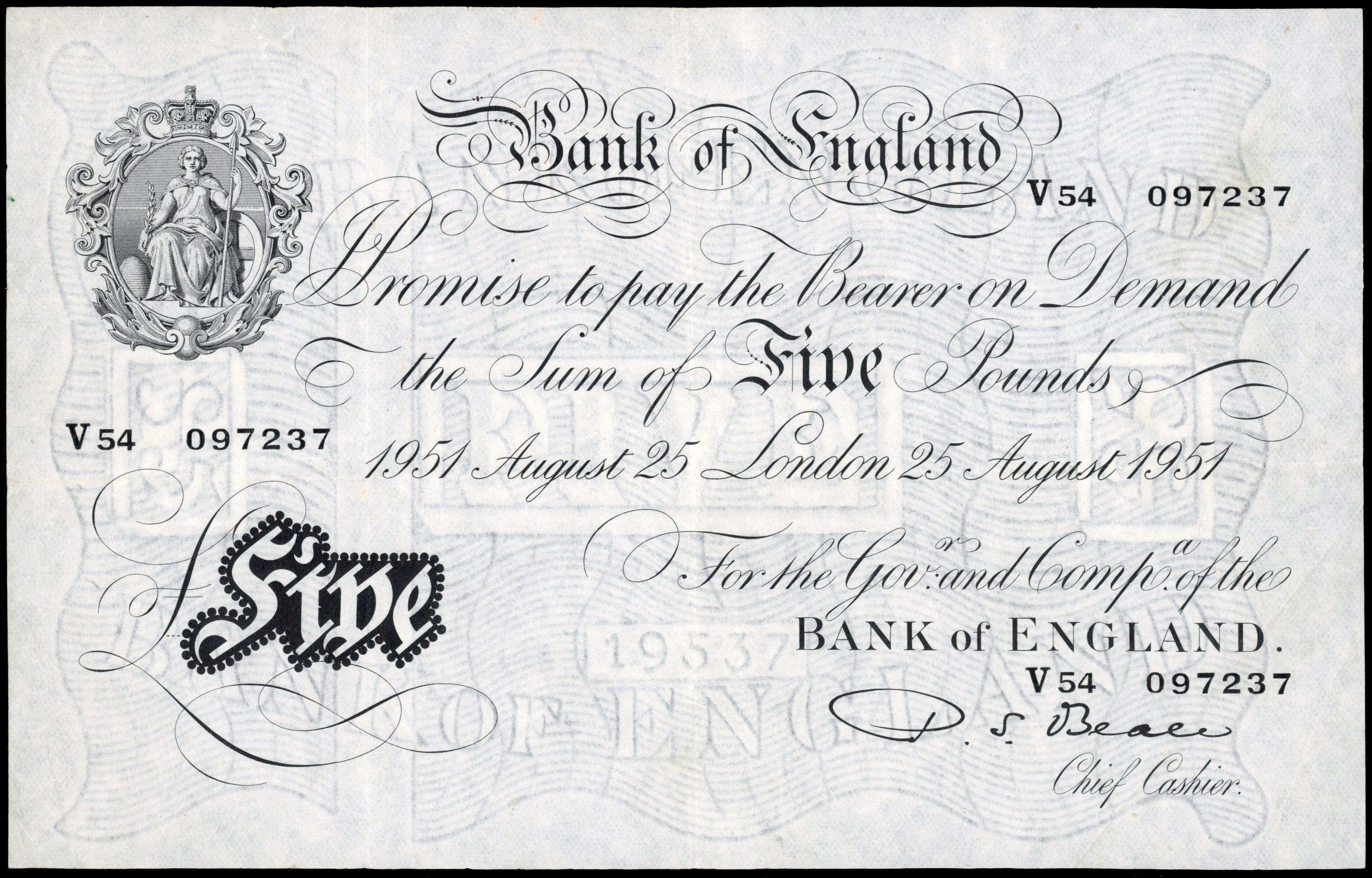 Bank of England, P S Beale, White Five Pounds, London, 25 Aug. 1951, V54 097237, (Dugg. B270). About Very Fine…