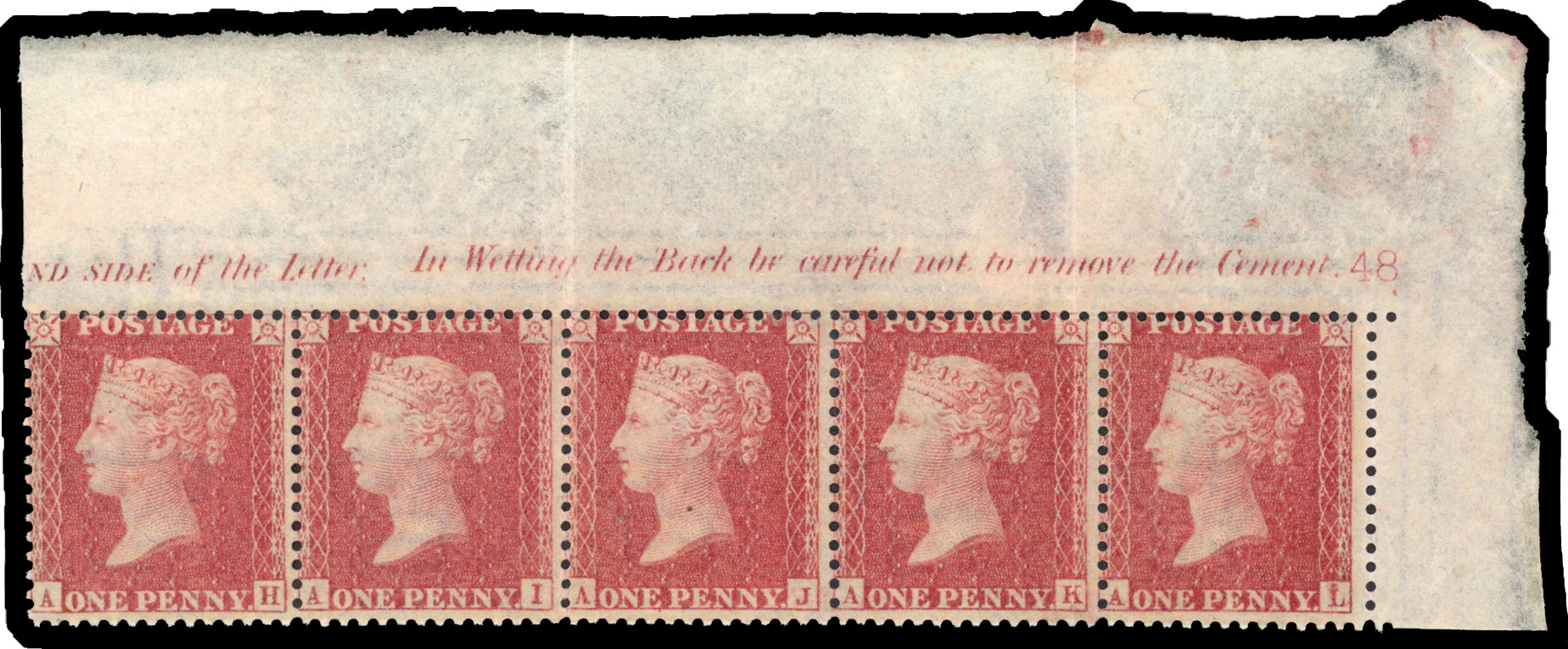 1857 1d Rose-red Pl.48. (Die II, Alphabet III, Wmk Large Crown, Perf 14). corner strip 5