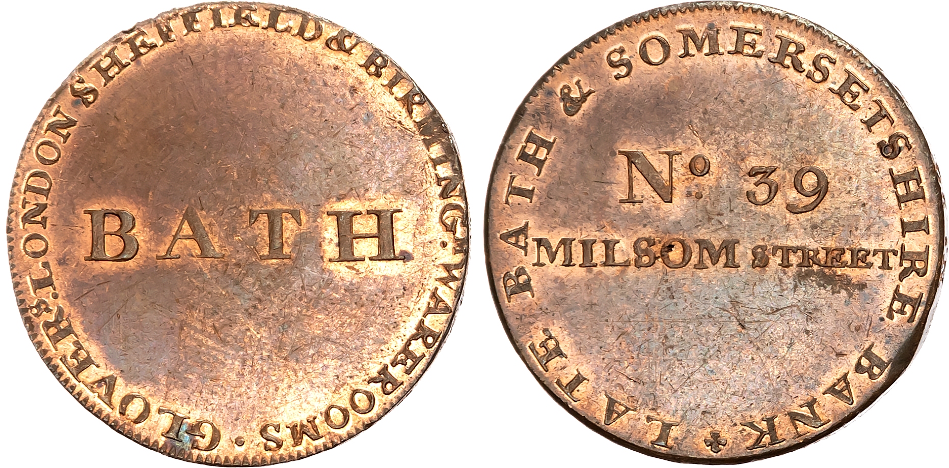 Som.  Bath, William Glover (second-hand goods dealer) Halfpenny no date, ‘BATH’ rev. ‘No 39 MILSOM STREET’, edge PAYABLE …