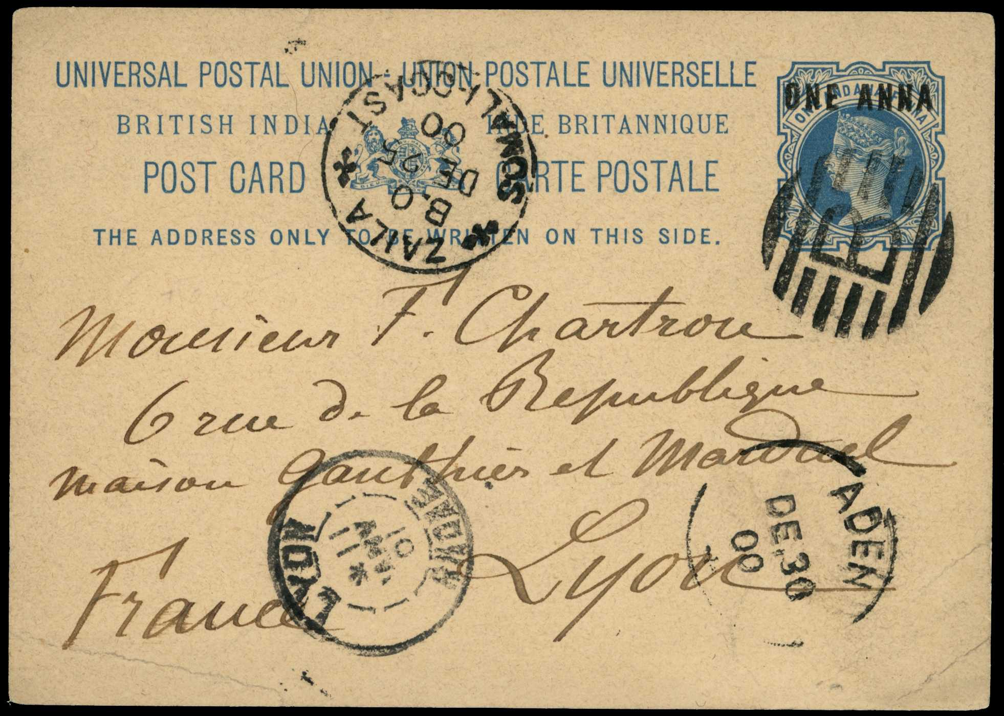 POSTAL HISTORY: 1900 India 1a blue postcard...