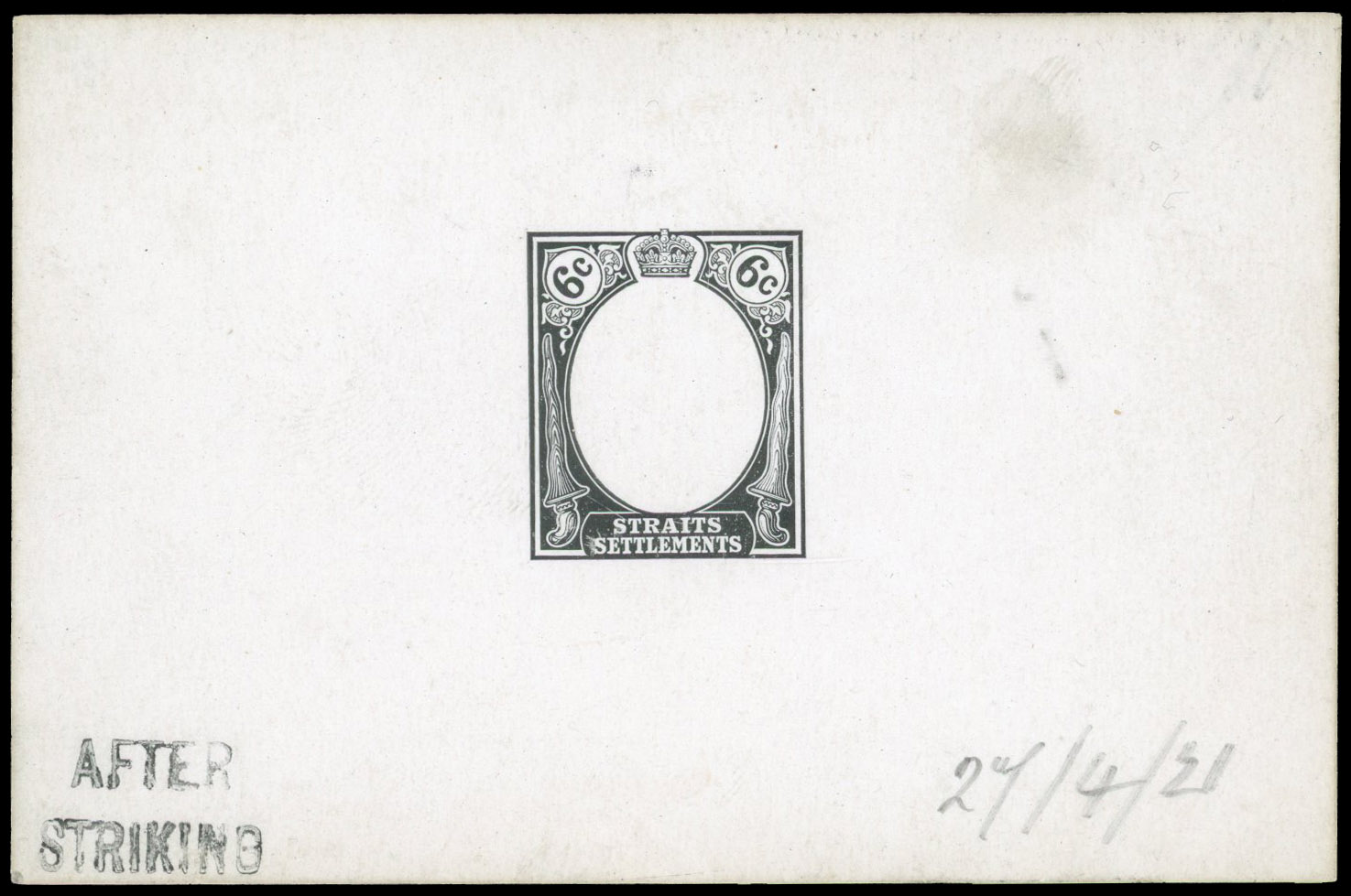 Straits Settlements 1921 6c frame die proof
