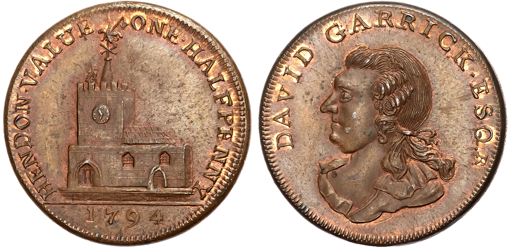 London , Hendon , Benjamin Price (innkeeper – ‘the Greyhound’) Halfpenny 1794, Bust left of David Garrick of Hendon Hall …