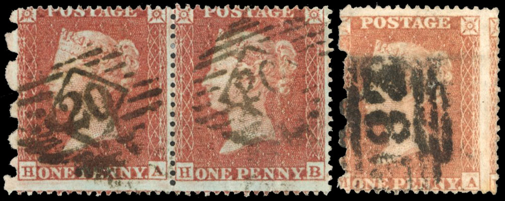 GB 1855 1d red perf 7 pair used