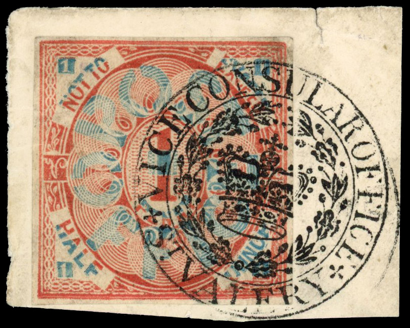 GB 1839 Whiting essay in blue and red imperforate tied to small piece 