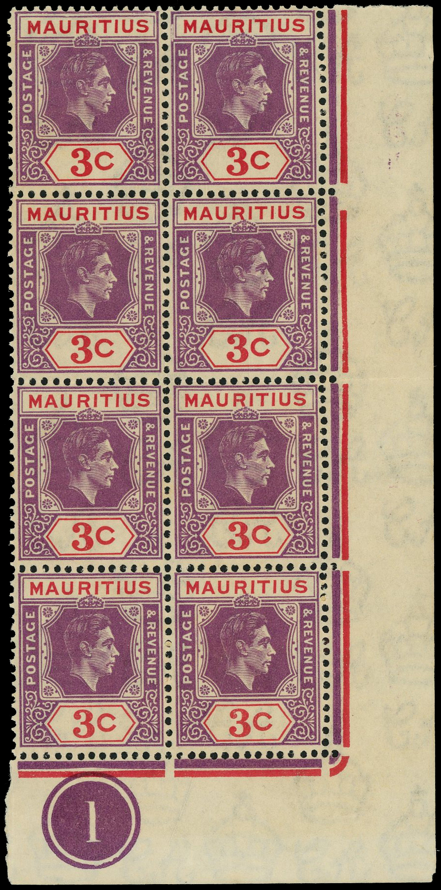 Mauritius SG 253b 1938 3c Nairac flaw block mint