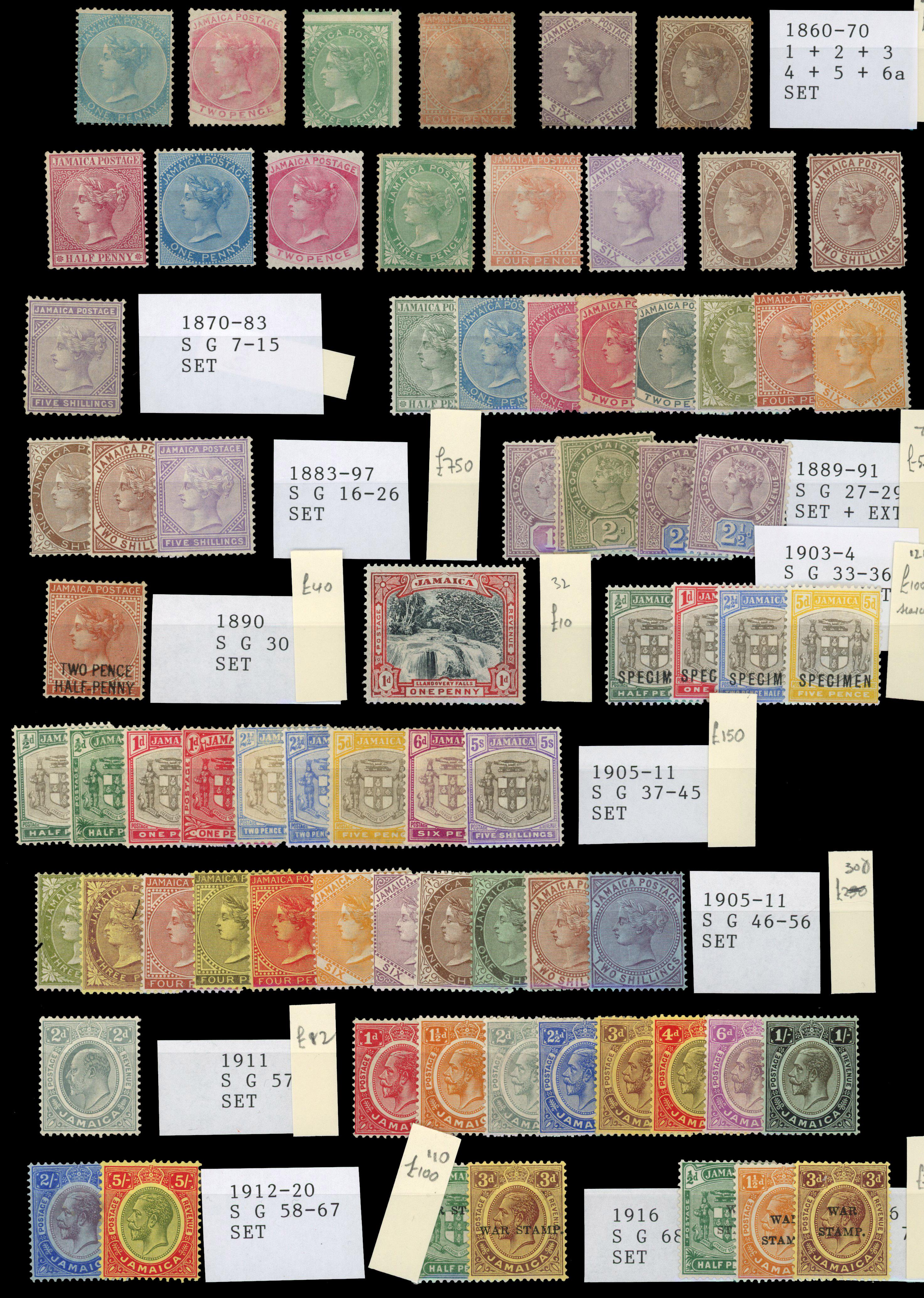 JAMAICA: Mint on stockcards including 1860 to 1s, 1870 to 5s, 1883 to 5s, 1889 to 2½d, 1890 2½d on 4d, 1903 to 5d