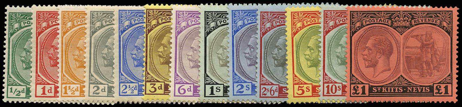 ST KITTS-NEVIS SG 24/36 1920-22 SET OF 13 TO £1 WMK MCA LPOG