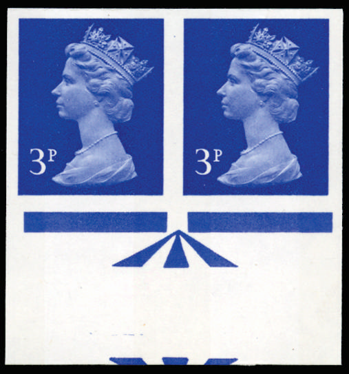 GB 1971 3p Ultramarine (2 bands). Superb unmounted o.g bottom marginal horizontal pair of imperforate i… SGX855var