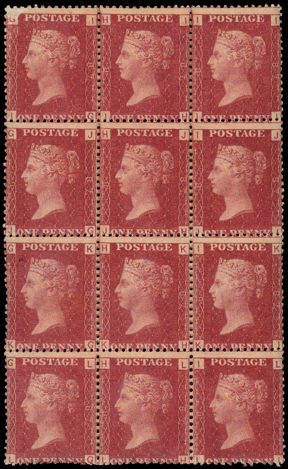 GB: 1864 1d red, plate 87: ten blocks of twelve (3x4) in a small envelope, superb colour. Two blocks are fine,