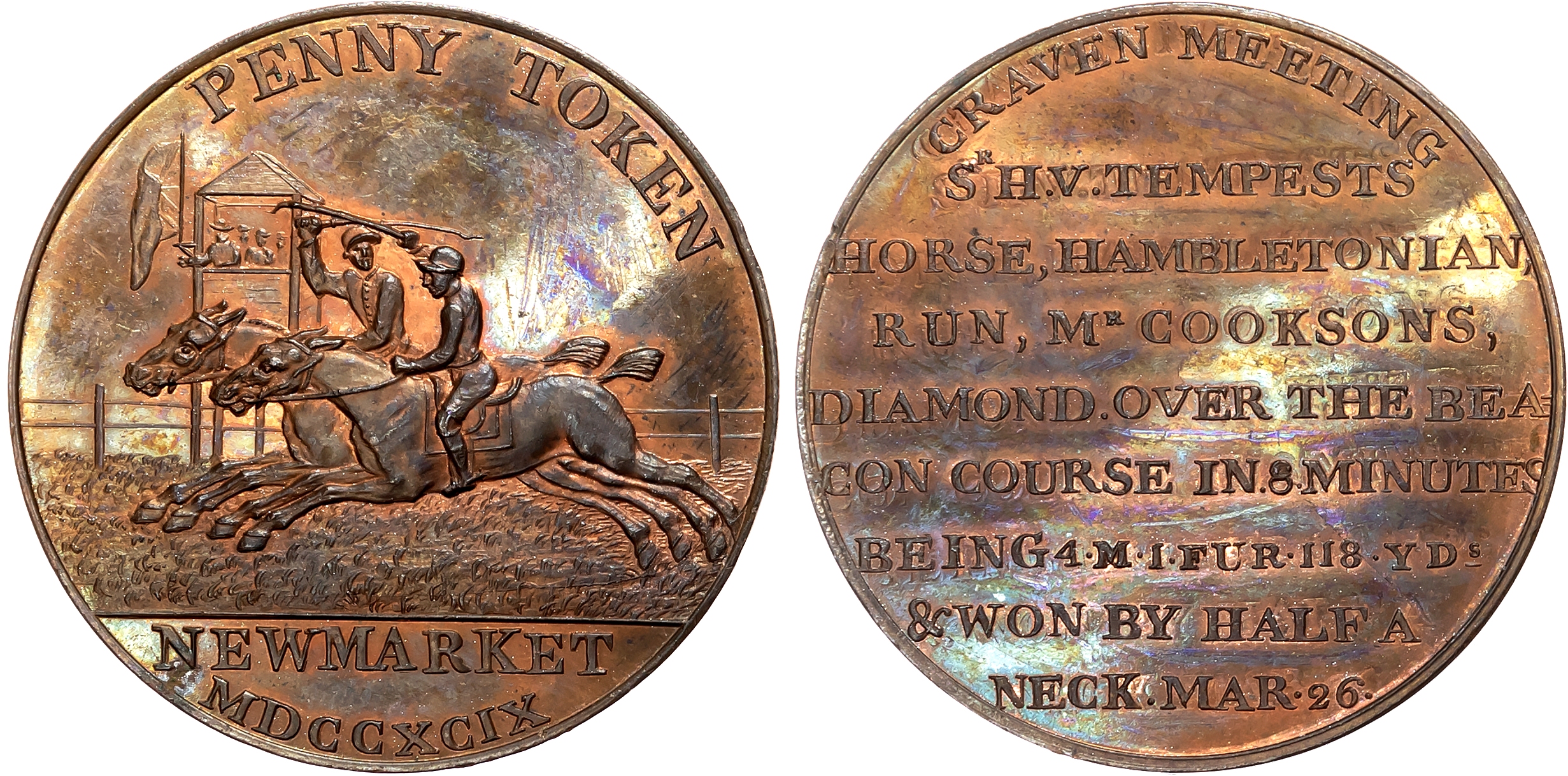 Cambs. Newmarket , Wyon’s Penny, 1799, Two racehorses passing winning post, rev. 8-line legend re. Craven Meeting on the …