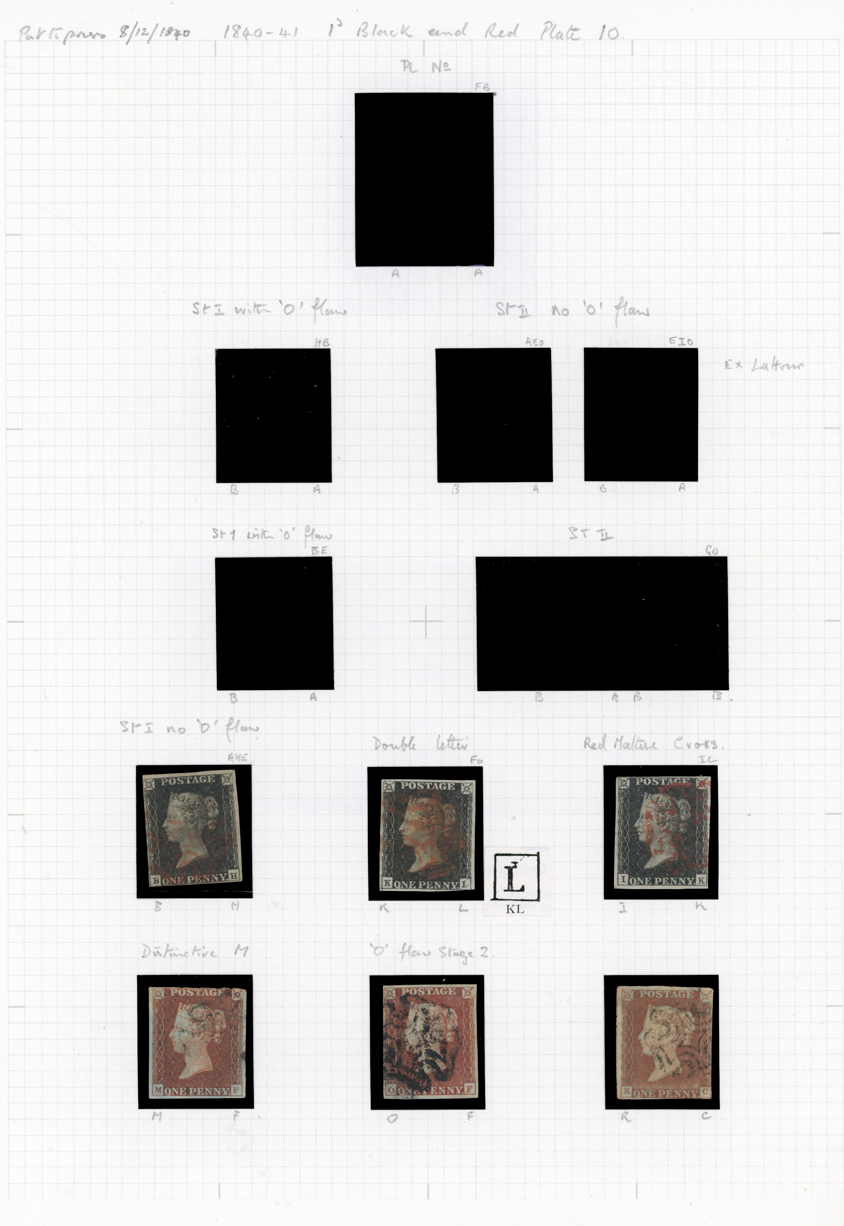 1840 1d Black Pl.10. Interesting group of six examples from plate 10