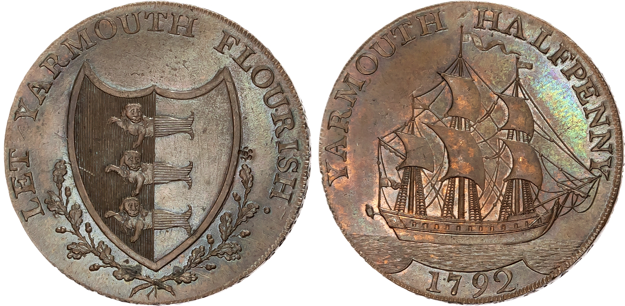 Norf. Yarmouth , William Absolon Halfpenny 1792, Arms of Yarmouth with a rose countermark, rev . Man of war in full sal …