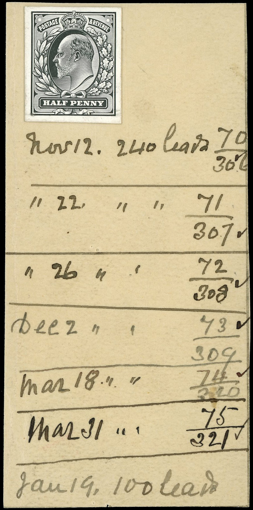 GB 1902-10 ½d die proof from the DLR striking book printed in black on white glazed card