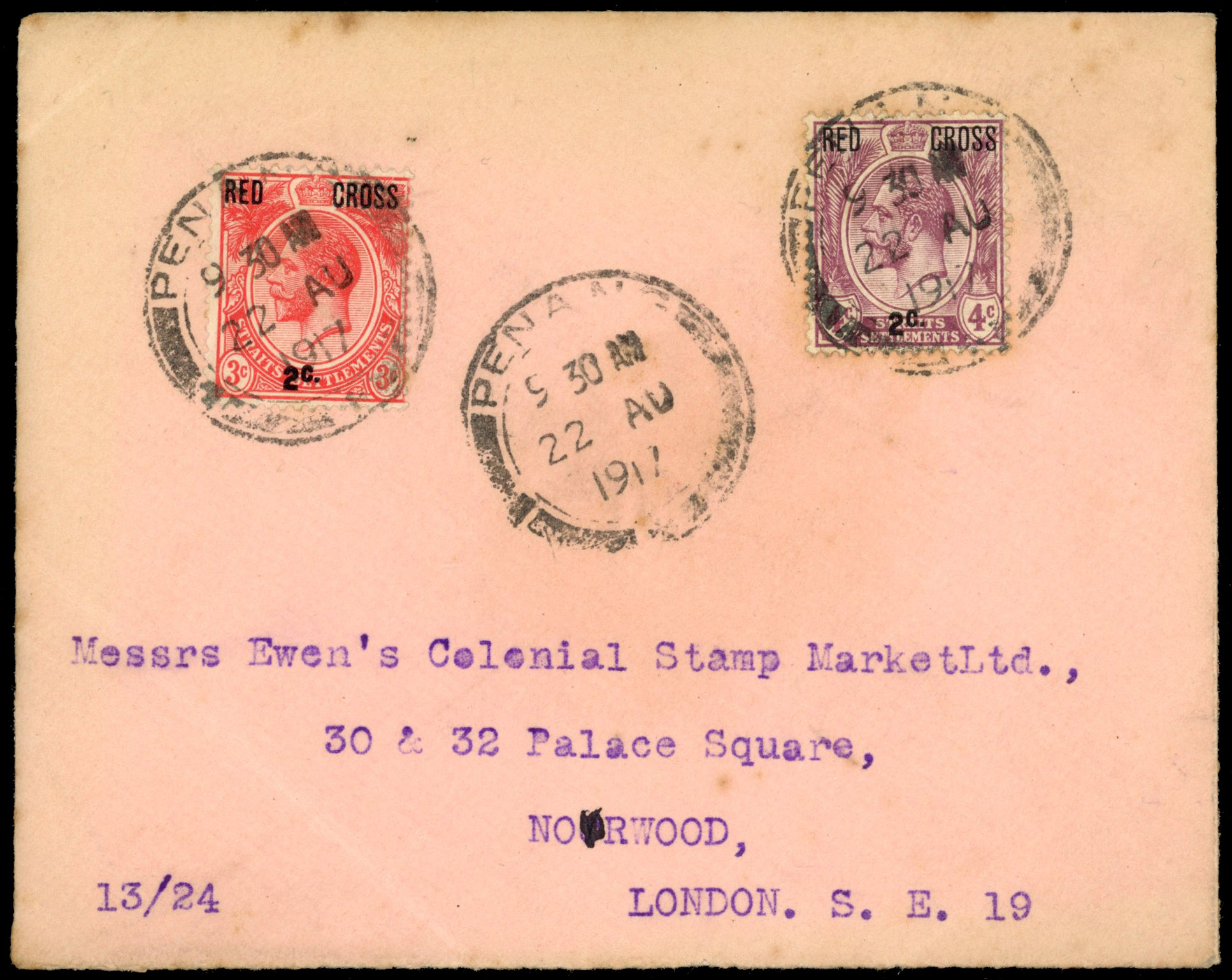 Malaya Straits Settlements SG 216/17 1917 cover to England with 1917 Red Cross pair