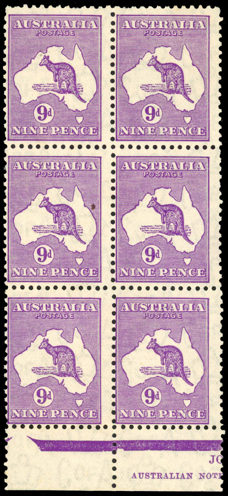 1932 9d violet block of 6 (2x3) with part imprint at bottom, with bottom pair Die II in pair with Die IIB, unmounted o.g