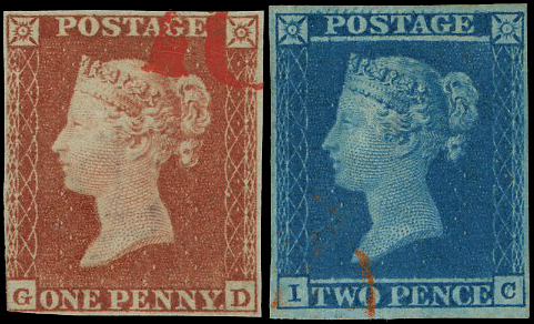 1841 1d Red-brown & 2d Blue part red handstamps
