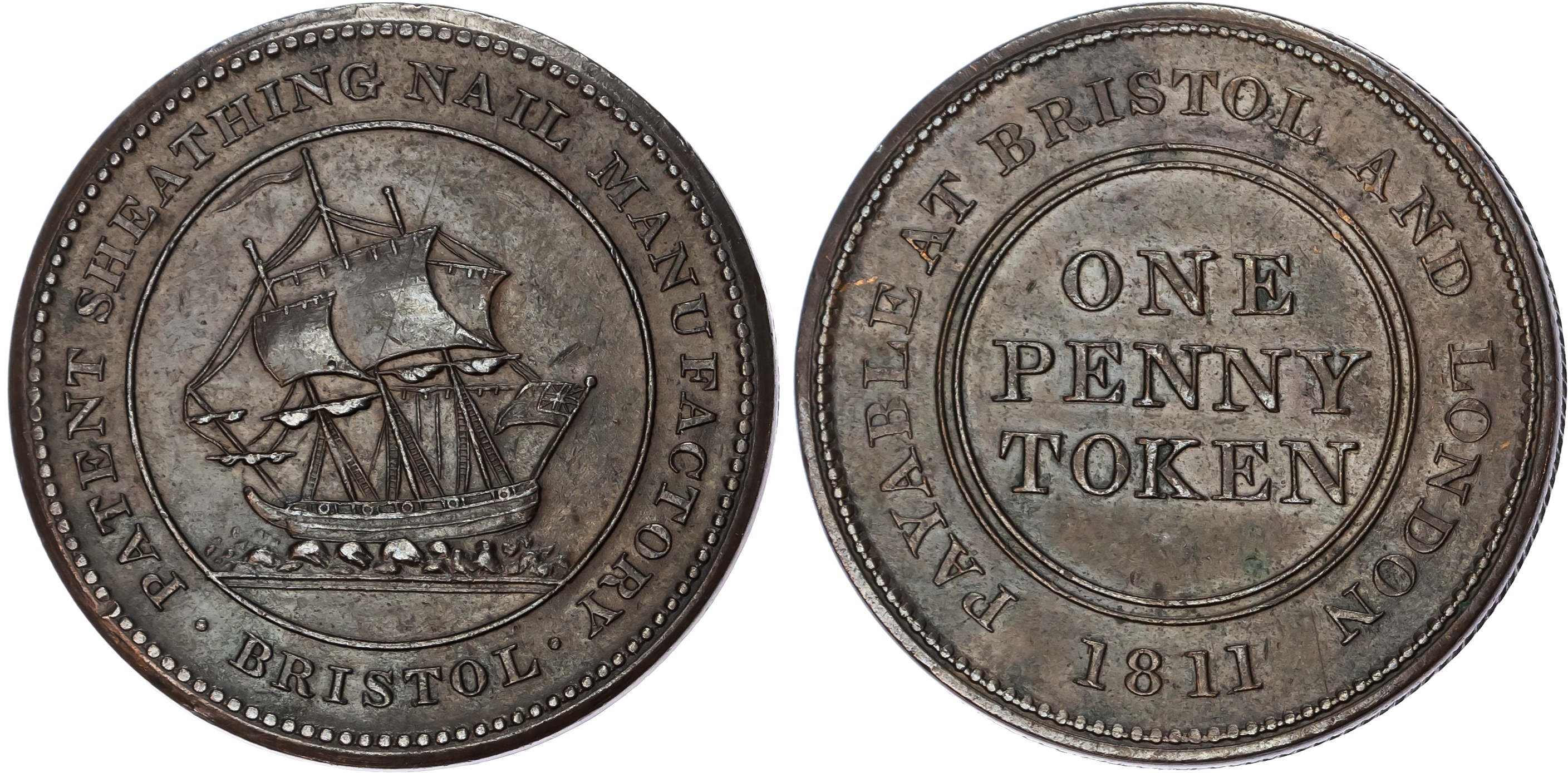 BRISTOL, Som. and LONDON, Samuel Guppy of the Patent Sheathing Nail Manufactory (copper bottoming) Penny 1811,…