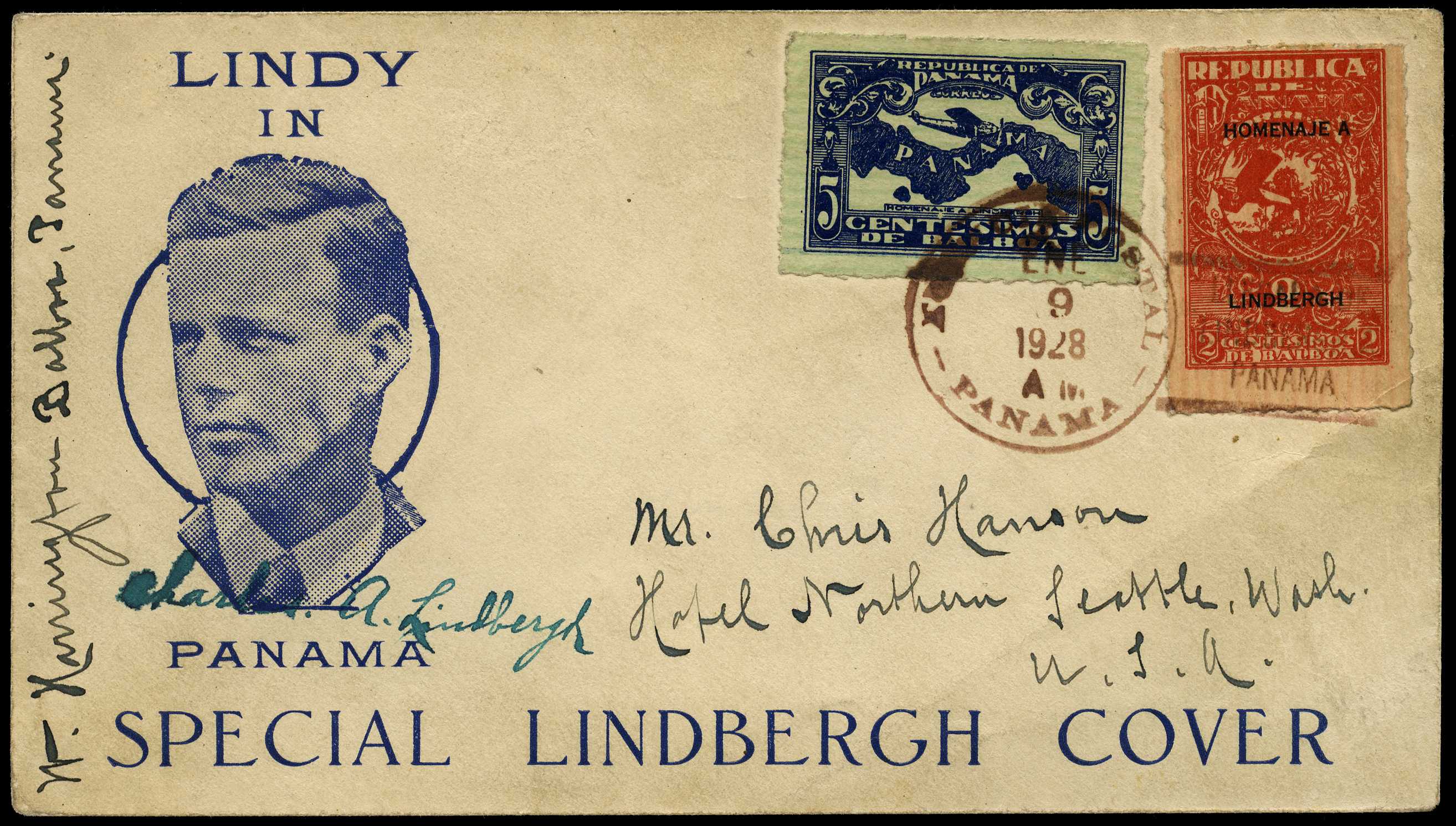 1928 "LINDY IN PANAMA" cachet illustrated...