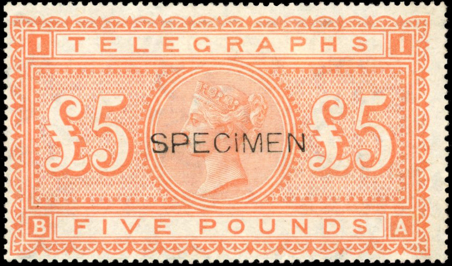 GB: TELEGRAPH: 1877 £5 orange (BA), mint large part og overprinted ‘ SPECIMEN’ (type 8). Fine