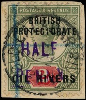 1893 ½d on 2d handstamped Type 6 in violet on small piece, Old Calabar River CDS, crossed by registration crayon, still...