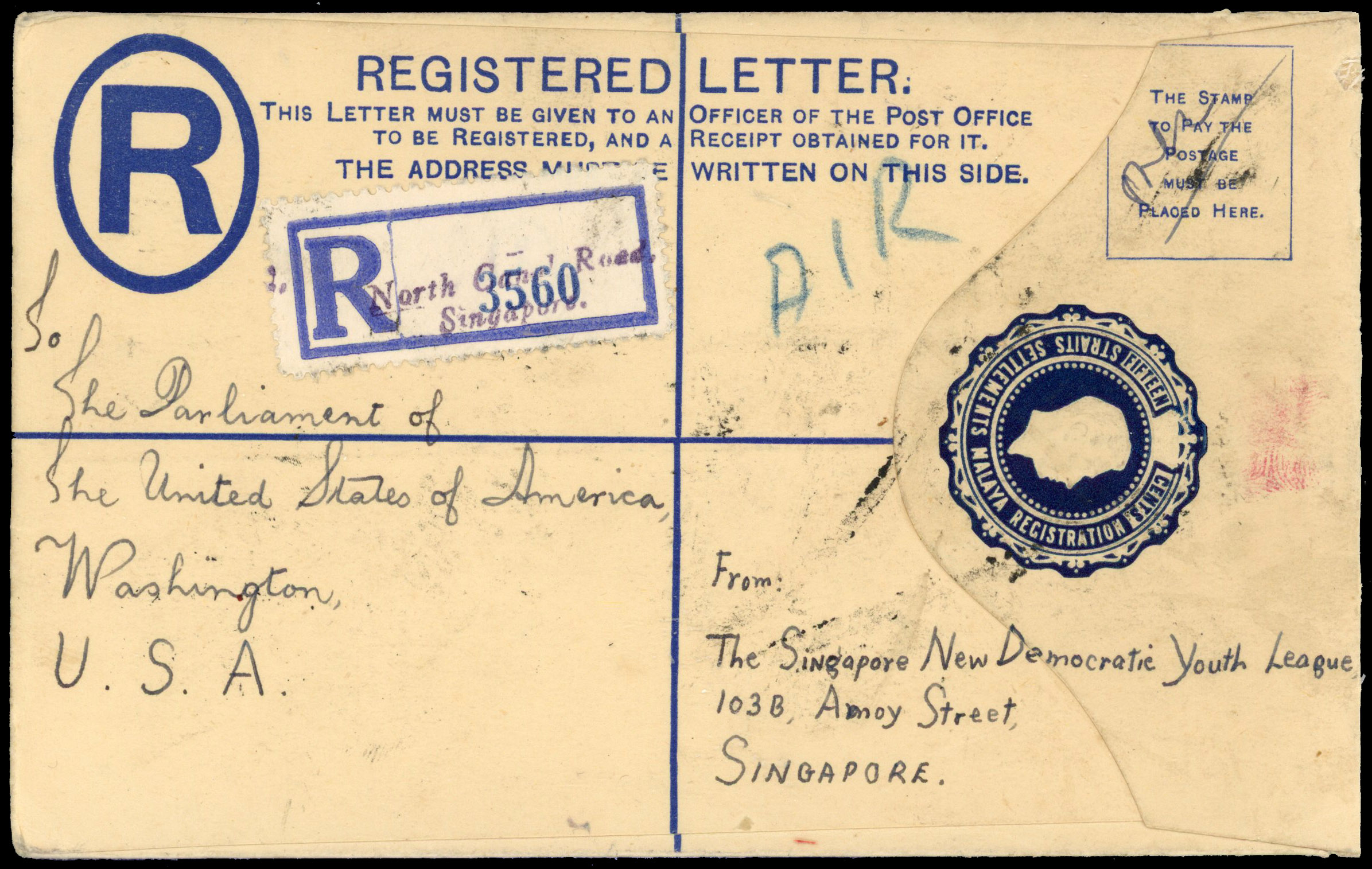 Malaya BMA 15c Straits registered envelope to USA